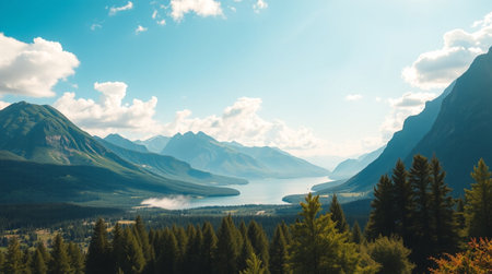 An untouched forest lake reflects a narrow waterfall glowing beneath golden sun rays.の写真素材
