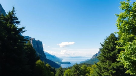 A forest river leads into a lake shimmering under a tall waterfall bathed in morning light.の写真素材