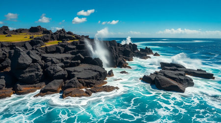 Turquoise water racing toward black basalt cliffs in a dynamic aerial shot.の写真素材