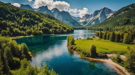 A peaceful forest glade holds a quiet lake where a wide waterfall fans out like white lace.の写真素材