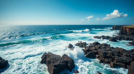 Turquoise sea foam shooting upward from impact with volcanic ridges.の写真素材