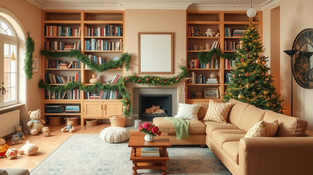 A cozy beige interior featuring a vertical frame mockup and a Christmas tree with soft warm lights.の写真素材