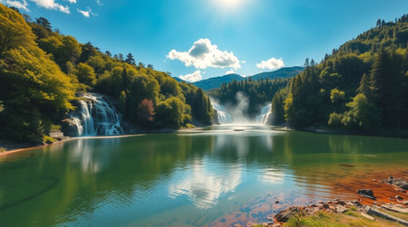 A calm lake reflecting tall forest trees while a cascading waterfall descends gracefully from rocky terrain.の写真素材