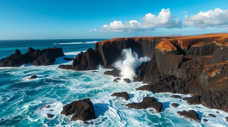 Drone shot showing turquoise tides crashing repeatedly onto volcanic boulders.の写真素材