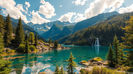 A vibrant tropical forest surrounds a turquoise lake with a narrow waterfall spilling down volcanic rock.の写真素材