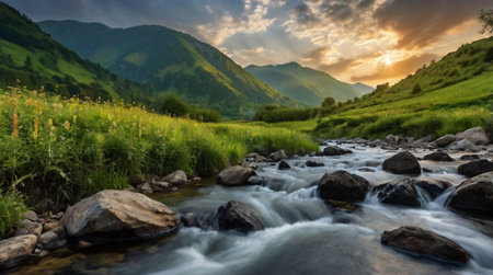 A quiet pond-like lake receives water from a soft waterfall draped over rocks.の写真素材