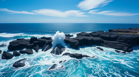 Aerial top-down shot of roaring turquoise sea.の写真素材