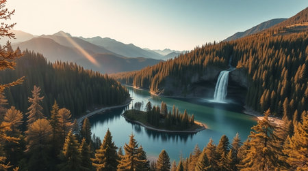 A tranquil valley lake filled with turquoise water sits beneath cascading falls surrounded by pine-filled slopes.の写真素材