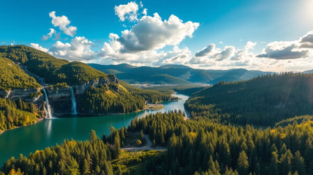 A thick forest canopy opens to reveal a glowing lake with a waterfall in the distance.の写真素材