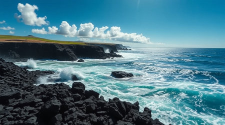 Strong ocean waves engulfing volcanic rock clusters in a dramatic 8K composition.の写真素材