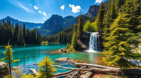 A panoramic 4K view of a bright turquoise lake surrounded by cascading waterfalls and thick forest paths.の写真素材
