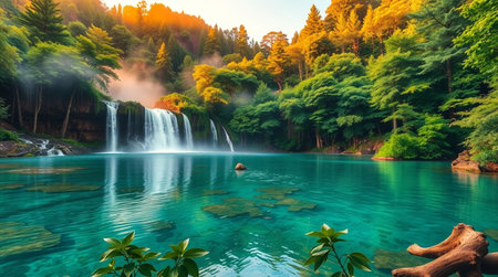 A wide waterfall breaks into multiple streams as it enters a calm lake.の写真素材