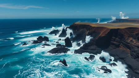 Ultra-realistic overhead shot capturing dynamic waves striking black volcanic boulders in clear 8K detail.の写真素材