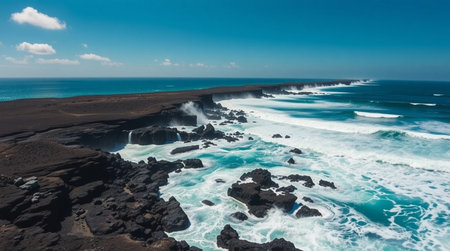 Overhead turquoise ocean pounding black lava embankments.の写真素材