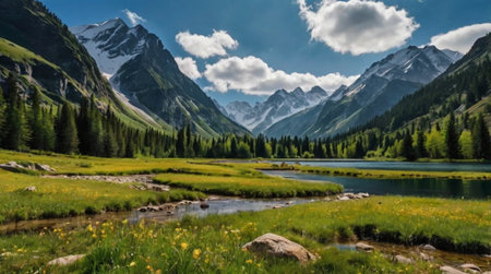 A picturesque forest lake framed by ferns glows while a waterfall adds soft movement.の写真素材