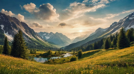 A peaceful 4K nature view of a lakeside forest with a quiet waterfall off to the side.の写真素材