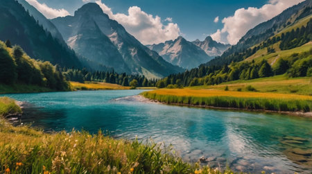 A wild forest drenched in warm sunset beams.の写真素材