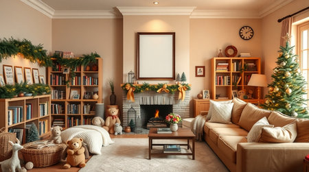 A cozy holiday space with warm beige walls, bookshelves full of classics, soft toys, and a warm golden Christmas tree.の写真素材