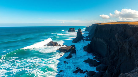 Strong turquoise swells hammering dark volcanic coastline in high clarity.の写真素材
