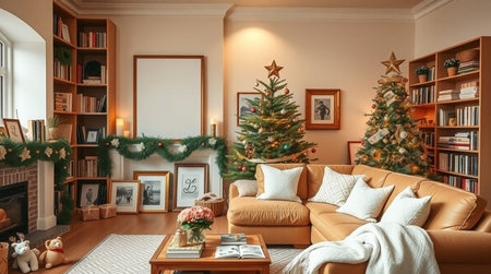 A warm American home space featuring beige walls, a mockup frame, evergreen garland, pastel blankets, and a gold-lit Christmas tree.の写真素材