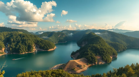 A peaceful forest lake with leaves floating gently as a waterfall pours in from behind trees.の写真素材