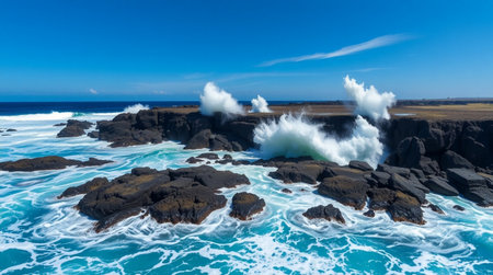 Ultra-clear drone view of waves pounding lava formations along the coast.の写真素材