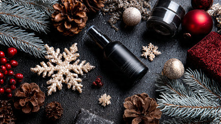 Five jars arranged with snowy pinecones and red berries.の写真素材