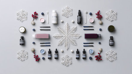 White and gold packaging blends with elegant Christmas elements.の写真素材
