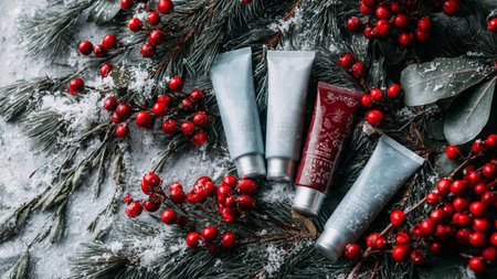 White and gold packaging blends with elegant Christmas elements.の写真素材