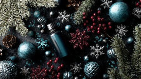 Spray bottles and creams styled with glitter accents.の写真素材