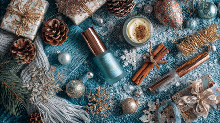 Bottles and jars styled among candles and ornaments.の写真素材