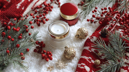 Cozy composition ideal for festive skincare promotions.の写真素材