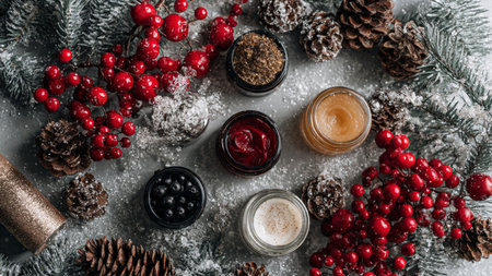 Skincare displayed in warm holiday ambiance with blurred tree lights.の写真素材