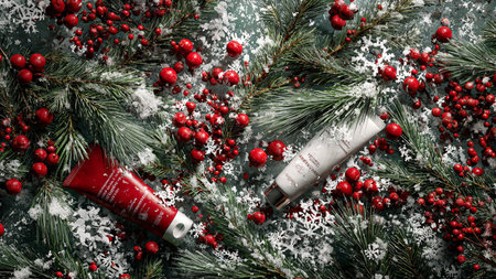 Pine branches frame skincare essentials in snowy theme.の写真素材
