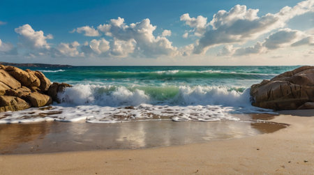 Beautiful seascape with waves on the sandy beach. Composition of nature.の写真素材