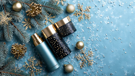 Holiday-themed flat lay with premium skincare and festive decor.の写真素材