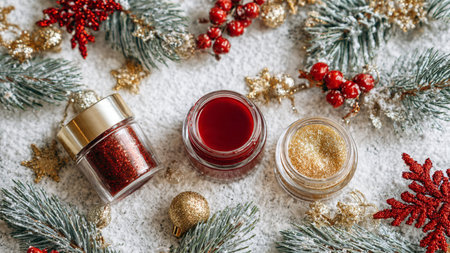 Spray bottles and creams nestled in seasonal decor.の写真素材