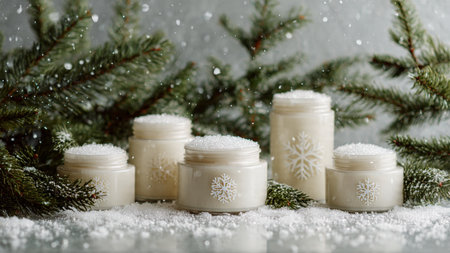 White and gold jars highlighted under festive lighting.の写真素材