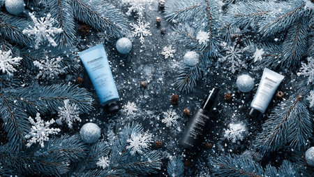 Spray bottles and creams styled with glitter accents.の写真素材