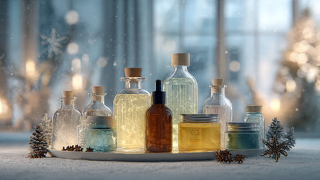 Packaging paired with snowflakes and glitter ornaments.の写真素材