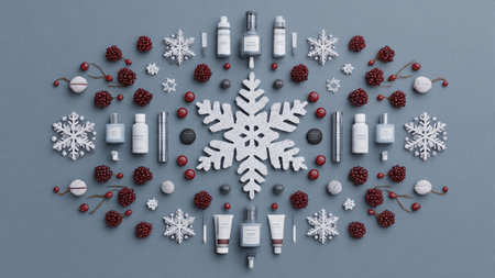 Products arranged among pinecones and frosted branches.の写真素材