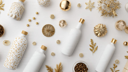 Flat lay features skincare, wrapped gifts, and seasonal textures.の写真素材