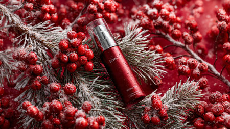 Frosted pinecones enhance authenticity of winter skincare display.の写真素材