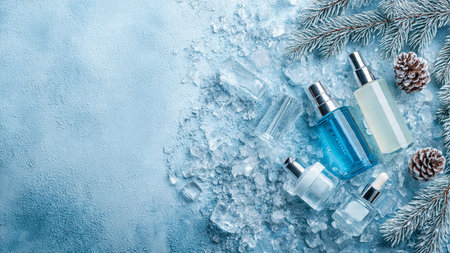 Pine branches frame skincare essentials in snowy theme.の写真素材
