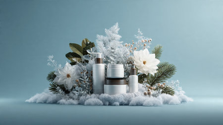 Products surrounded by decorative spheres and textured foliage.の写真素材