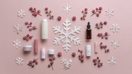 Snowflake cutouts add seasonal charm to product arrangement.の写真素材