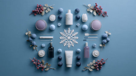 Winter cosmetics on blue background. Flat lay, top view. Beauty conceptの写真素材