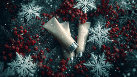 cosmetic cream tubes on christmas tree background with snowflakesの写真素材