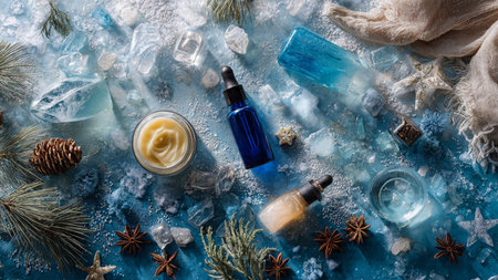 cosmetic cream in a glass jar with a pipette, on a blue backgroundの写真素材
