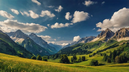 A remote mountain lake surrounded by evergreen forests.の写真素材